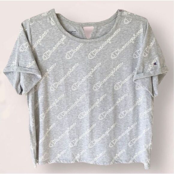 Champion Repeat Logo Heather Gray Roll Sleeve Crop Top Tee Sz 2X - Picture 4 of 8